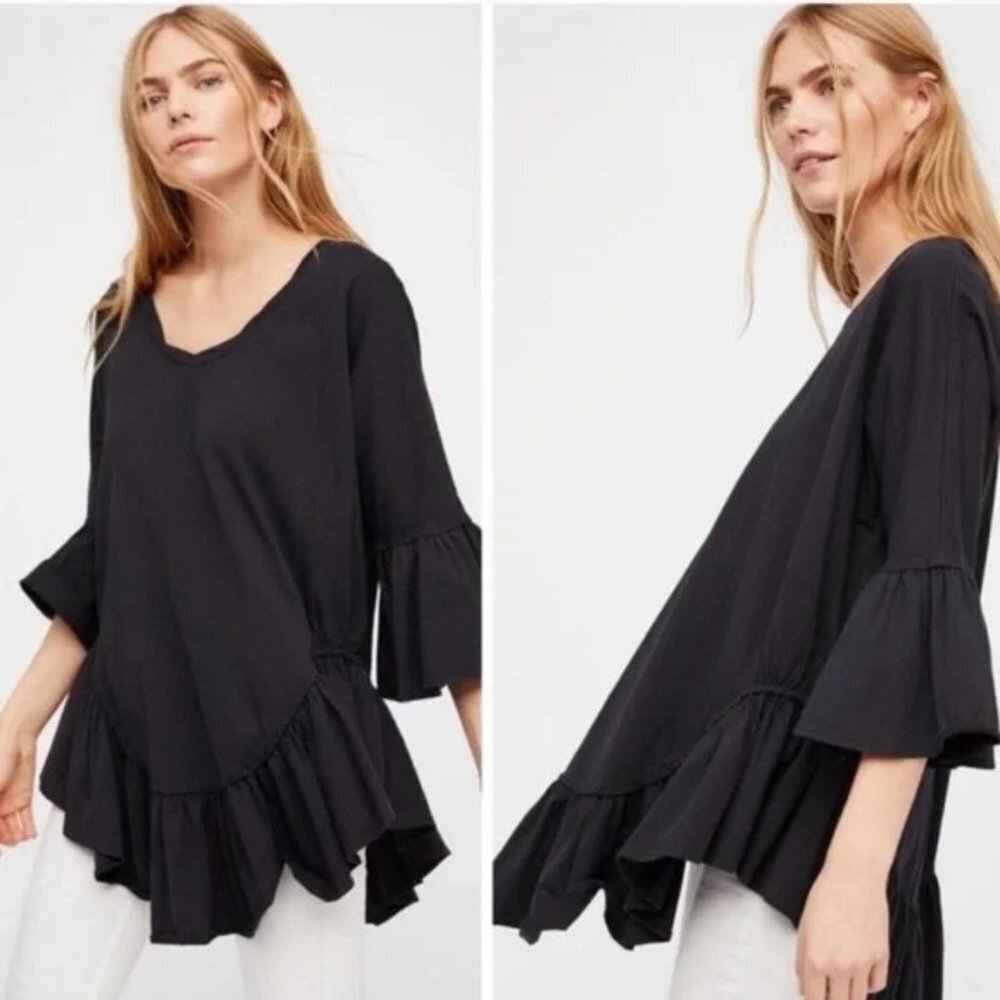 🖤 FREE PEOPLE Black Sweetness Beach Tunic Swim Coverup Bell-Sleeves Dress
